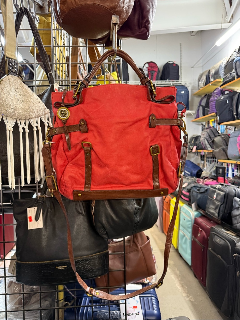 Elliot Lucca Vintage Red Canvas Tote with Brown Real Leather Trim - Women Bags
